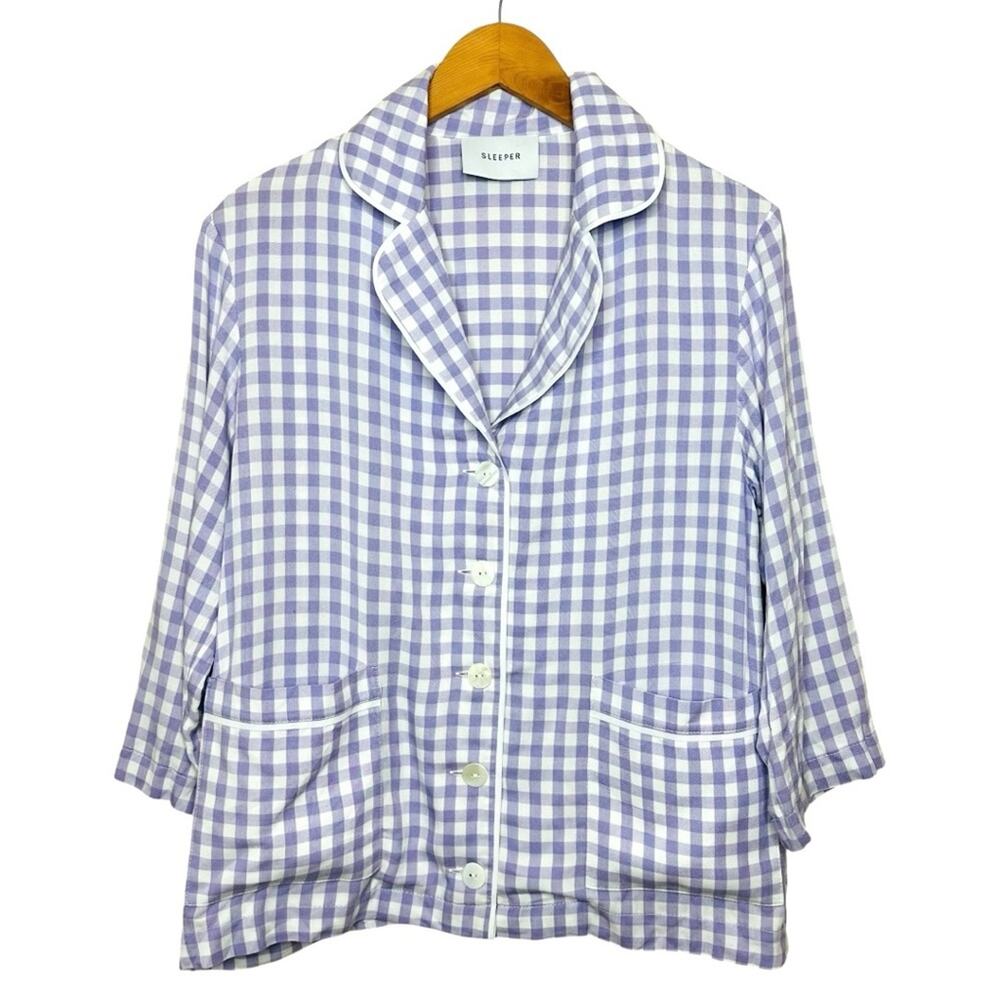 Sleeper Gingham Button Down Shirt Size XS Lavender White 3/4 Sleeves Collared